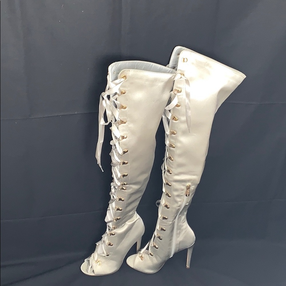 Silver Satin Thigh High Heeled Boots